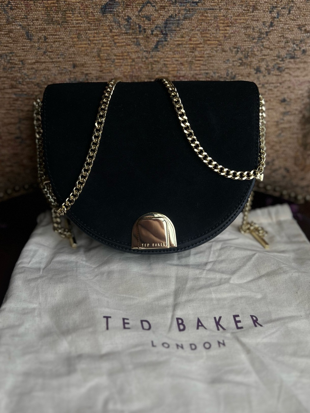 Ted Baker Black Suede Crossbody with Gold Chain
